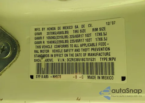 2008 Honda Cr-V Ex z USA, uszkodzony, nr VIN 3CZRE38518G701531
